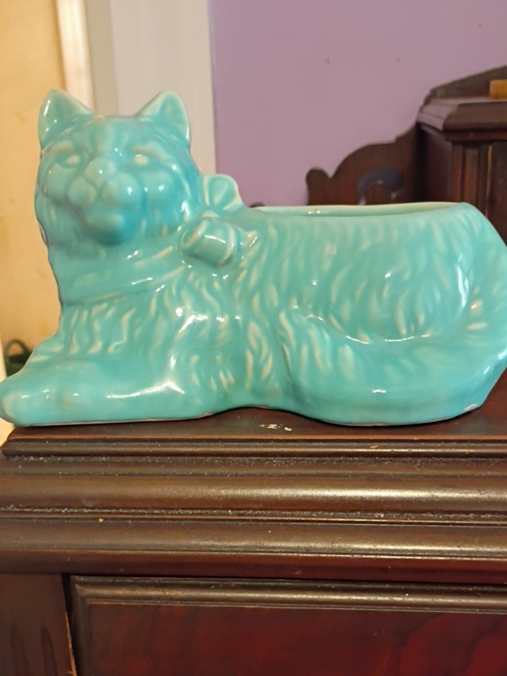 Vintage Turquoise Ceramic Cat Planter USA